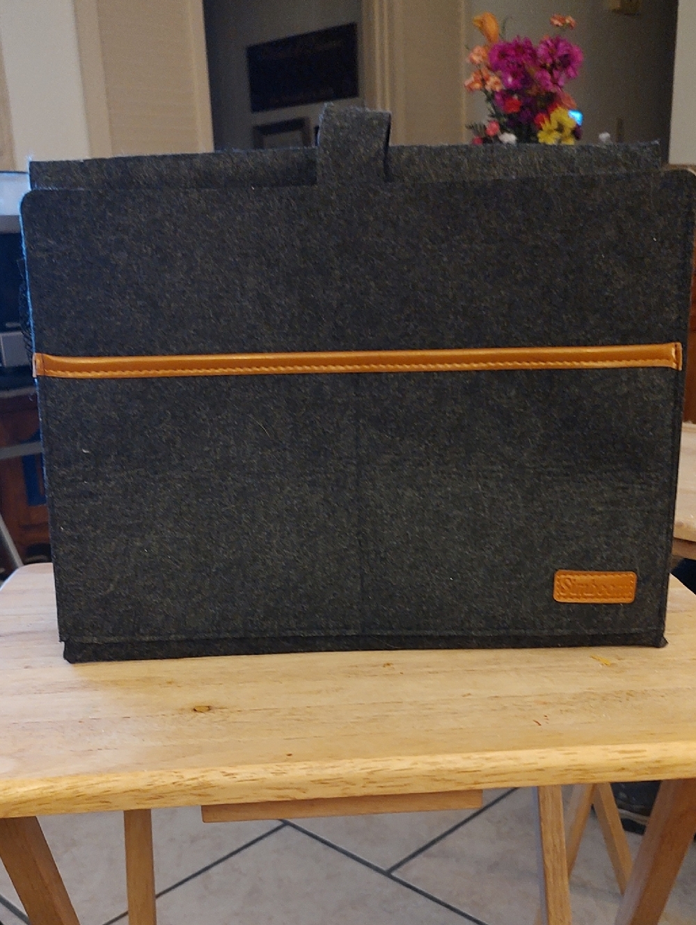Men's Dark Gray Felt Laptop Bag with Tan Trim